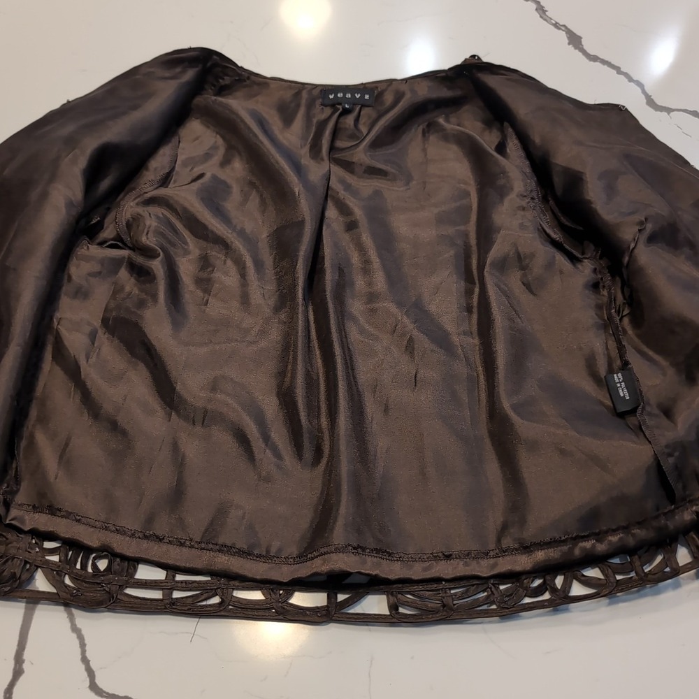 Chocolate Brown Rosette Ribbon Jacket Womens Large Open Front Cropped - Picture 11 of 13
